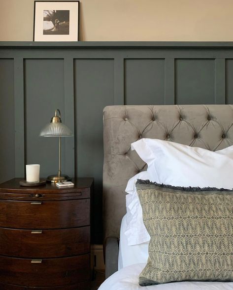 Dark Green Bedroom Panneling, Dark Green Panelling Bedroom, Green Bedroom Panelling, Dark Green Panelling, Behind Bed Panelling, Paneled Walls Bedroom, Bedroom Panelling, Edwardian Terrace, Green Bedroom Paint