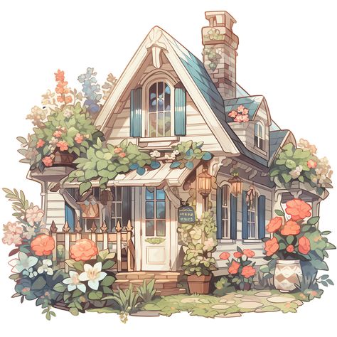 Cute Cottage with Flowers in Rustic and Cottagecore Style Sticker Flower Covered House, Cottage Home Drawing, Cute House Drawing Aesthetic, Cozy Cottage Drawing, Cottagecore House Drawing, Cozy Cottage Layout, Cute Cottage Illustration, Flower House Drawing, House Drawing Aesthetic