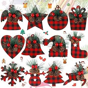 Christmas Wooden Tree, Hanging Labels, Wooden Tree Ornaments, Christmas Wooden Ornaments, Buffalo Plaid Christmas Ornaments, Plaid Crafts, Christmas Crafts Snowman, Pine Cone Christmas Decorations, Wood Snowflake