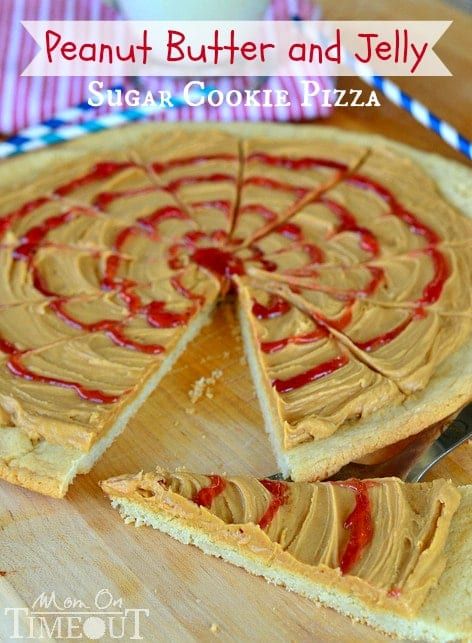 Peanut Butter and Jelly Sugar Cookie Pizza - Inspired by #Disney! from MomOnTimeout.com Graham Cracker Crust Cookies, Cookie Crust Recipe, Sugar Cookie Pizza, Fruit Pizza Sugar Cookie Recipe, Healthy Cream Cheese, Pillsbury Sugar Cookies, Olaf Party, Easy Fruit Pizza, Cake Mix Cookie Bars