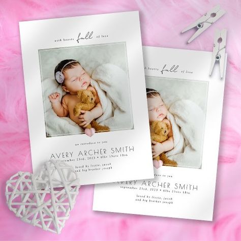 Modern Minimalist Heart Photo Baby Birth for $2.93 - Birth Announcements Baby Birth Announcement Cards, Birth Announcement Template, Sweet Photo, Minimalist Photos, Birth Announcement Card, Heart Photo, Baby Birth Announcement, Birth Stats, Announcement Cards