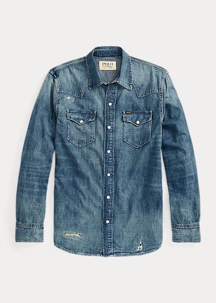 Distressed Denim Western Shirt for Men | Ralph Lauren® IE Western Denim Shirt Men, Ralph Lauren Harrington Jacket, Denim Western Shirt, Western Denim Shirt, Denim Shirt Men, Mens Casual Dress Outfits, Ralph Lauren Denim, Denim And Supply, Western Shirt