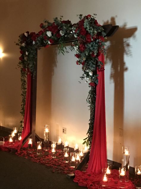 Red Riding Hood Quinceanera Theme, Red And Black Backdrop Ideas, Black And Red Wedding Theme Wedding Ceremony Decor, Red Party Decorations Elegant, Vampire Theme Quinceanera, Ruby Red Wedding Theme, Red Backdrop Ideas, Dark Red Birthday Decorations, Red Quince Decor