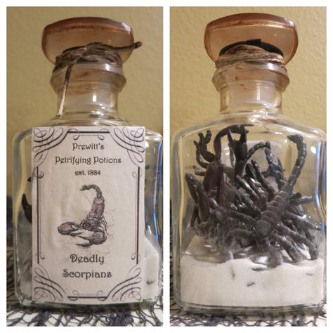 DIY Halloween Apothecary: Deadly Scorpians Samhain Bonfire, Diy Halloween Apothecary, Potion Bar, Apothecary Halloween, Apothecary Diy, Harry Potter Bedroom Decor, Apothecary Decor, Halloween Potion Bottles, Halloween Apothecary