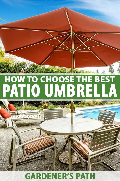 Everyone needs a patio umbrella to shade their outdoor space. We found 7 cool canopies to shield any type of open air grouping, from small conversation spots to alfresco dining areas. We even recommend a unique half-canopy for decks, and a portable choice for shade-on-the-go. Read our full buying guide now. #patioumbrella #outdoordecor #gardenerspath Patio Umbrellas Ideas, Small Patio Ideas With Umbrella, Cantilever Umbrella Patio Ideas, Patio With Umbrella Ideas, Offset Umbrella Patio Ideas, Deck Umbrella Ideas, Patio With Umbrella, Outdoor Umbrella Ideas, Patio Umbrella Ideas