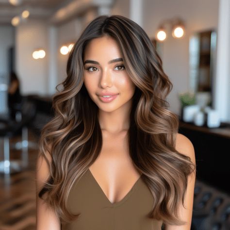 Woman with Chocolate Brown with Caramel Lowlights Hair Hair Color For Brown Eyes, Rambut Brunette, Brown Hair Looks, Brunette Hair With Highlights, Spring Hair Color, Brunette Balayage Hair, Brown Hair Balayage, Balayage Brunette, Brown Hair With Highlights