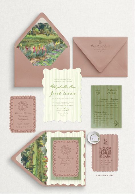 THE VIANSA SUITE Celebrate your special day with our exquisite semi-custom wedding invitation suite, The Viansa, which was thoughtfully designed to capture the essence of your love story.  WHAT YOU GET * Custom letterpress ink color & custom printed stripe color on main invitation * Letterpress Wedding Invitation with wavy edge * Euro flap envelope * Letterpress RSVP Card (includes QR code on the back) * Guest address printing and return address printing on your invitation envelope  **Optional L Illustrated Wedding Card, Wedding Invitations Italian, Italy Wedding Invite, Pastel Wedding Invites, Wedding Invitations Colorful, Chinoiserie Wedding Invitation, Pressed Wedding Invitations, Custom Illustrated Wedding Invitations, Letterpress Invitation Suite