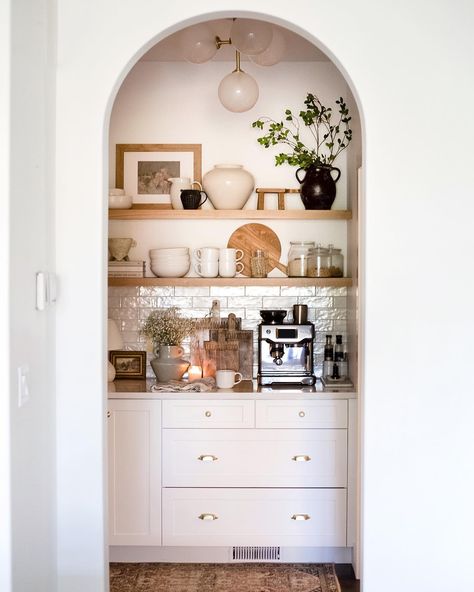 Coffee Bar Inside Pantry, Small Kitchen Coffee Station, Pantry Coffee Bar, Pantry Renovation, White Interior Paint, Home Coffee Stations, Office Remodel, Coffee Nook, Home Coffee Bar