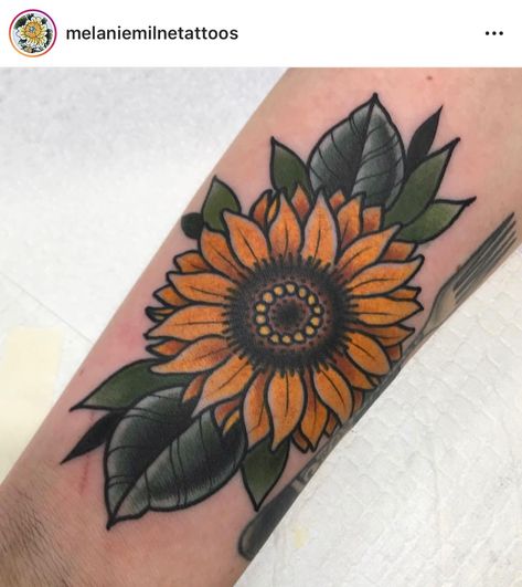 Sunflower American Traditional Tattoo, Neo Trad Sunflower, Old School Sunflower Tattoo, Neo Traditional Sunflower Tattoo, American Traditional Sunflower, American Traditional Sunflower Tattoo, Neo Traditional Sunflower, American Traditional Flower Sleeve, Sunflower Arrow Tattoo