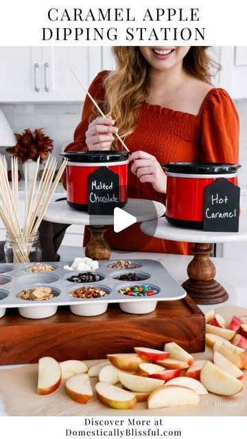 Giustina | DIYs • Recipes • Home Inspiration on Instagram: "Like + Comment “Link” to instantly get the links, tutorial, & details in your DM. 

This Caramel Apple Dipping Station is a fun and easy way to enjoy caramel apples in an interactive way at your next fall party!

You can add all of your favorite caramel apple toppings to a muffin pan so all of your friends, family, and guests can mix and match their favorite toppings for each apple slice.

I thought about adding cupcake liners to the muffin pan (side note, I just noticed the inconstancy of it being called a MUFFIN pan and CUPCAKE liners), but my cupcake liners were too big, and I realized that most likely by the end of a party (especially if little ones are involved), the whole pan would be a fun memory mess.

You could even add t Caramel Apple Dipping Station, Apple Dipping Station, Apple Caramel Dip, Caramel Apple Toppings, Apple Slice, Apple Dip, Fun Foods, Cupcake Liners, Fall Party