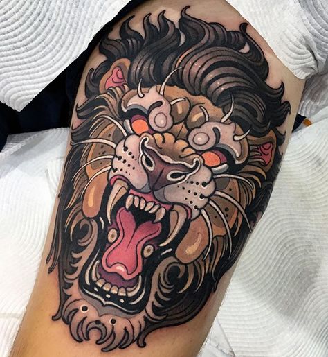 One shot beast! Thanks Ben! Done @tattoorosies #wtnorbert #tattoorosies #sydneytattooartist #sydneytattoo #neotraditionaltattoo… Neotrad Lion Tattoo, Neo Traditional Lion Tattoo Design, Neotraditional Panther Tattoo, Neotraditional Tiger Tattoo, Neo Traditional Big Cat Tattoo, Traditional Lion Tattoo, Lion Chest Tattoo, Geometric Lion Tattoo, Neo Tattoo