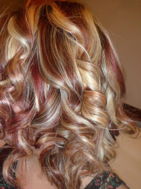 Blonde Hair With Red And Brown Lowlights Chunky Highlights, Highlights With Red Lowlights, Red And Blonde Curly Hair, Blonde Hair Red Highlights, Chunky Highlights Curly Hair, Blonde And Red Highlights, Red And Blonde Highlights, Blonde With Red Highlights, Red Highlights In Brown Hair