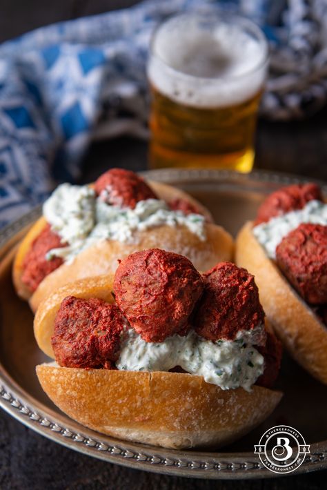 Tandoori Beer Meatball Subs with Garlic Raita Tandoori Meatballs, Brewery Food, Chicken Etouffee, Nutella Mousse, Food Thoughts, Sub Rolls, Meatball Sandwich, Meatball Pasta, Meatball Subs