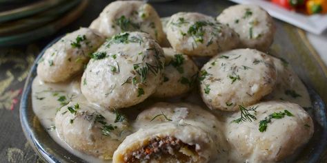 Kurdish Dumplings in Yogurt Recipe - Andrew Zimmern | Food & Wine Kubba Recipe, Graham Flour, Andrew Zimmern, Cream Of Wheat, Yogurt Recipe, Dumplings Recipe, Ground Lamb, Yogurt Recipes, Plain Yogurt