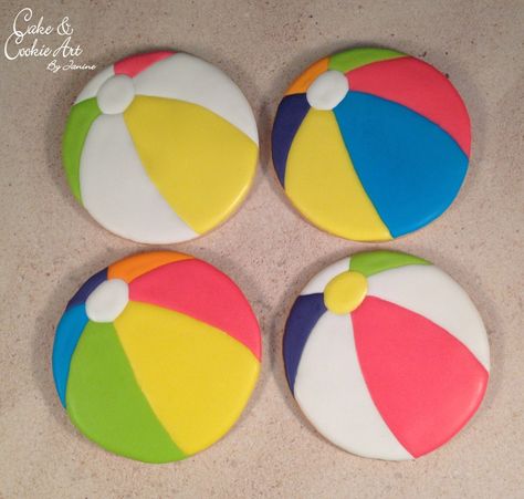 Beach ball cookies Beachball Cookies, Beach Ball Sugar Cookies, Beach Ball Cookies, Beach Ball Cookies Decorated, Summertime Cookies Decorated, Cookie Decorating Ideas Summer, Pool Birthday Cakes, Pink Party Foods, Donut Decorating Ideas