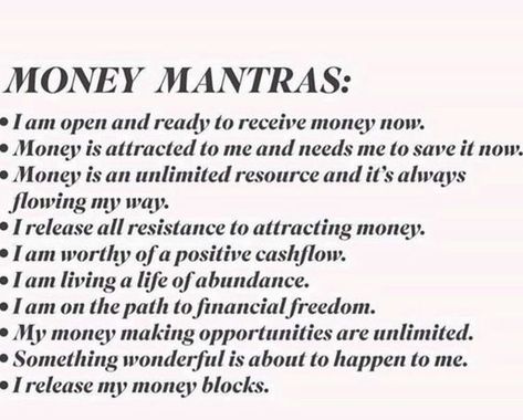 Money Mantras | Money Affirmations #moneymantras #moneyaffirmations #wealth #abundance Money Manifestation Affirmations, Manifesting Money Affirmations, Money Mantras, Money Mantra, Healing Affirmations, Gratitude Affirmations, Spiritual Manifestation, Wealth Affirmations, Daily Positive Affirmations