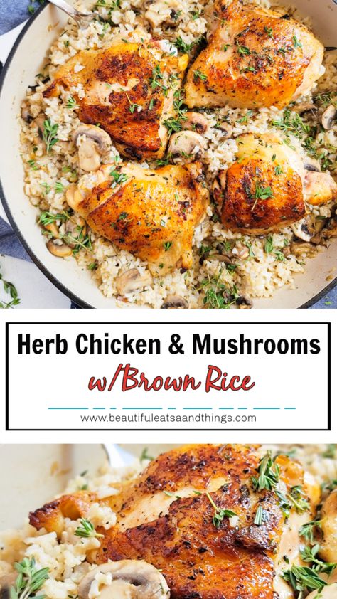 Herb Chicken & Mushrooms with Brown Rice Dinner With Brown Rice, Brown Rice Meals Dinners, Chicken Brown Rice Recipes, Brown Rice And Chicken Recipes, Chicken Rice Mushrooms Recipes, Brown Rice Meals, Brown Rice Dinner Recipes, Gluten Free Brown Rice Recipes, Chicken Rice Mushroom