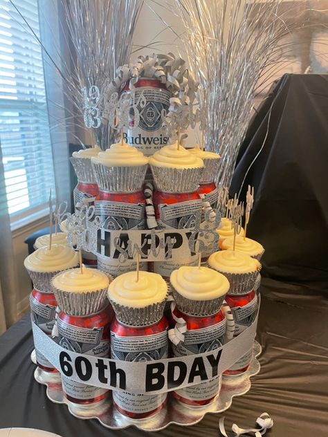 60th birthday “cake” made with Budweiser cans and caupcakes! Budweiser Cake, Beer Can Cake, 60th Birthday Cupcakes, Beer Can Cakes, 60th Birthday Cake, 60th Bday, 60th Birthday Cakes, Beer Cake, Beer Birthday