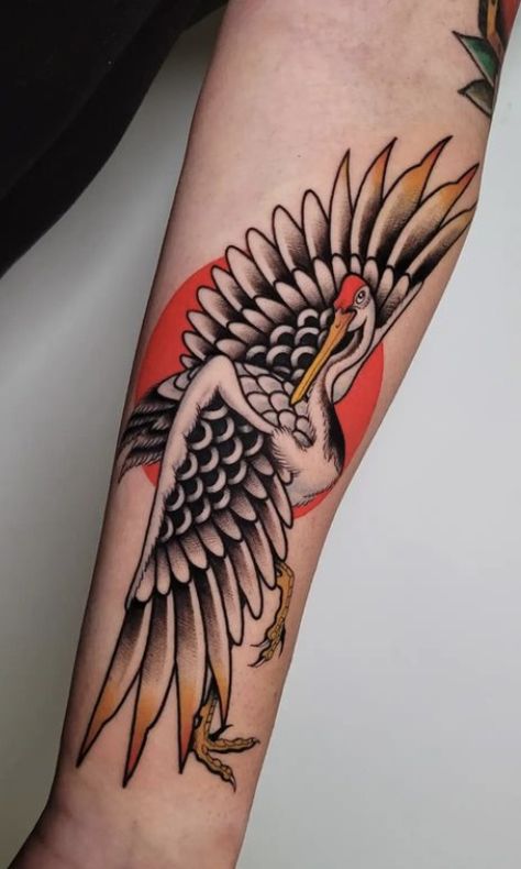 Japanese Cranes Tattoo, Japanese Style Bird Tattoo, Traditional Sandhill Crane Tattoo, American Traditional Heron Tattoo, Heron Back Tattoo, Crane Tattoo Japanese, Japanese Traditional Tattoo Sleeve, Heron Tattoo Traditional, Traditional Crane Tattoo