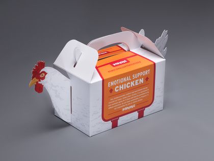 A common topic of discussion in the news lately has surrounded the idea of allowing animals on airplanes to provide emotional support for travelers during the holiday season, as well as the restrictions for the types of animals that should be allowed. When GSD&M, Austin, TX had a buzz-worthy idea and design for a campaign for their client, Popeyes, to get holiday travelers talking (or should we say “sq … Chicken Brands, Chicken Boxes, Takeaway Packaging, Chicken Logo, Egg Packaging, Food Box Packaging, Chicken Shop, تصميم الطاولة, Packaging Template Design