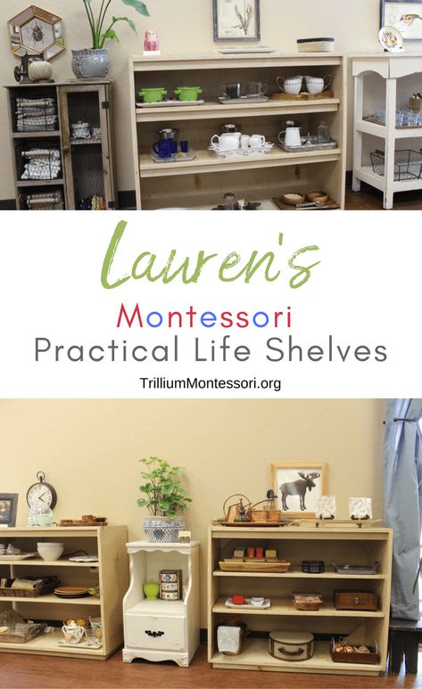 Lauren's Montessori Classroom: Practical Life - Trillium Montessori Montessori Shelves, Montessori Trays, Montessori Kindergarten, Preschool Montessori, Montessori Shelf, Montessori Home, Montessori Lessons, Montessori Bedroom, Montessori Playroom