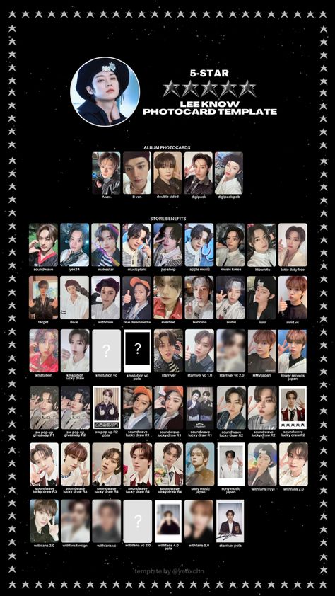 stray kids skz lee know 5 star store benefits pob photocard Skz Minchan, Star Apple, Star Photo, Photocard Template, Star Template, Tower Records, Skz Hyunjin, Photo Card Template, Star Cards