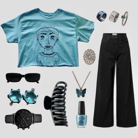 Turquoise Outfit Aesthetic, Turquoise Shirt Outfit, Cyan Outfit, Turquoise Clothes, Turquoise Shirt, Colour Theory, Tshirt Outfits, Color Theory, Black Outfit