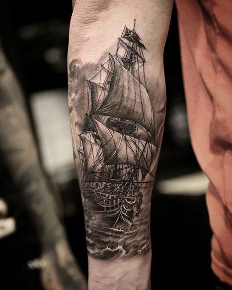 Boat forarm tattoo - 100 Boat Tattoo Designs Mens Side Tattoos, Ship Tattoo Sleeves, Pirate Ship Tattoos, Boat Tattoo, Tatuagem Masculina Pequena, Pirate Tattoo, Forarm Tattoos, Nautical Tattoo, Back Tattoos For Guys