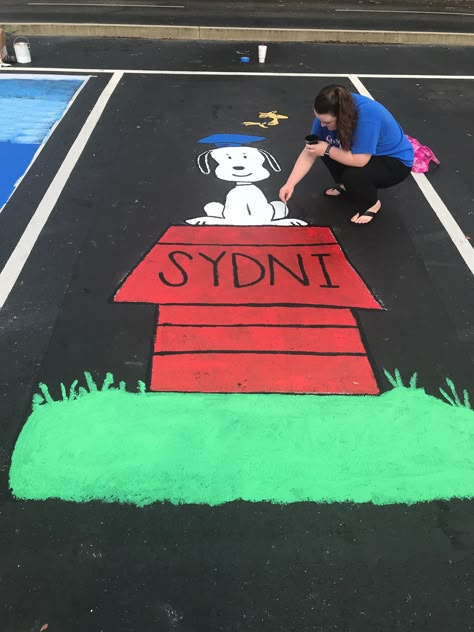 Snoopy Parking Spot Painting, Snoopy Senior Parking Spot, Snoopy Parking Spot, Harry Potter Parking Spot Painting, Painted Parking Spots Senior Easy, Disney Senior Parking Spaces, Easy Parking Spot Painting Ideas, Funny Senior Parking Space Ideas, Painted Parking Spots