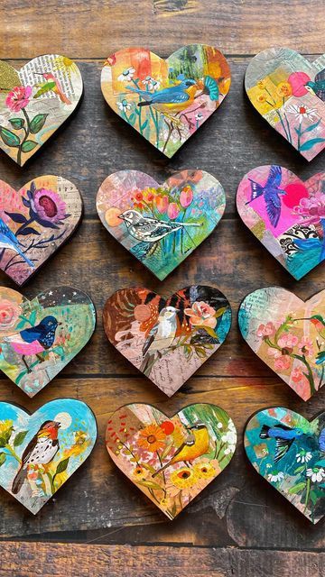 Cathy Nichols on Instagram: "Here is the entire “SweetHEARTS” collection - 12 original hand-painted mixed media hearts. They all have names and stories, and I will be sharing them all in the days leading up to Valentine’s Day! I fell a little bit in love with each of them as I painted! It warms my own heart to say that this collection has sold out. A huge THANK YOU!! I am blown away. I also know this can be frustrating for those who wanted a little bird heart of their own, so I am making prints Mixed Media Hearts, Ceramic Collage, Cathy Nichols, Heart Mixed Media, Heart Art Projects, Collage Diy, Mixed Media Crafts, Painted Hearts, Art Therapy Activities