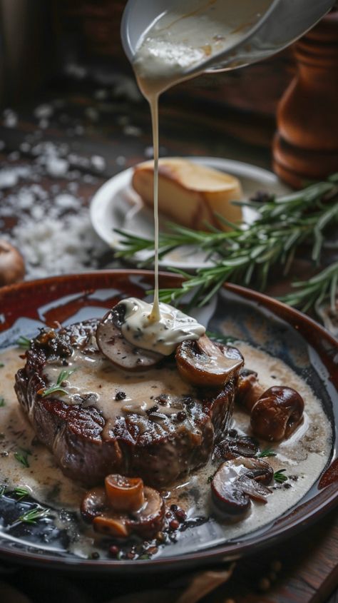 Garlic Beefsteak with Mushrooms and Béchamel Sauce Mushroom Sauce Steak, Béchamel Sauce, Beef Steaks, Steak And Mushrooms, Bechamel Sauce, Steak Sauce, Mushroom Sauce, Sauteed Mushrooms, Sirloin Steaks