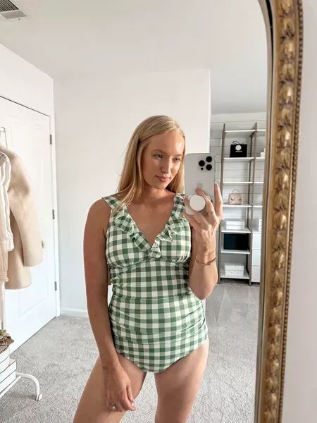 Swimwear 2023, Gingham Swimsuit, Green Gingham, Modest Swimwear, One Piece Swim, Vacation Outfits, Swim Suit, Beach Trip, Gingham