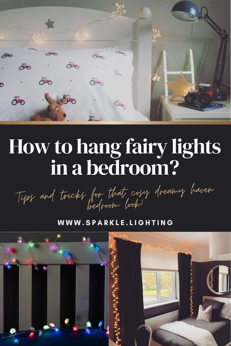 Bring out the magic of the bedroom and add that extra sparkle with fairy lights! 🌜💫 We're here to guide you step-by-step on how to hang fairy lights in a bedroom. From the perfect placement to the right lights, we've got you covered. Transform your bedroom from ordinary to extraordinary in minutes! ✨ Explore Sparkle Lighting's full collection of bedroom fairy lights to find the perfect match for your dream bedroom. #fairylight #bedroomideas #diy #interiordesign #fairylghtideas Teen Bedroom Lights, Fairy Light Bedroom, Teenage Bedroom Decorations, Childrens Bedroom Lighting, Bedroom Fairy Lights, Girls Bedroom Lighting, Fairy Lights Photos, Kids Bedroom Accessories, Simple Ceiling