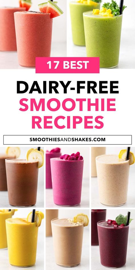 If you’re sensitive or allergic to dairy, try making these creamy dairy-free smoothies. Each 5-minute recipe is easy, quick, and delicious. #dairyfree #dairyfreesmoothies #smoothierecipes Dairy Free Fruit Smoothie Recipes, Non Dairy Fruit Smoothies, Non Milk Smoothies, Smoothie Recipes Healthy Dairy Free, Fruit Smoothie Recipes Non Dairy, Non Dairy Smoothie Recipes Healthy, Dairy Free Fruit Smoothies, Fruit Smoothie Recipes Without Milk, Popbabies Smoothie Recipes