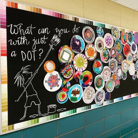 Elementary Mural Ideas, Art Bulletin Boards Preschool, Art Bulletin Boards Elementary, School Foyer, Art Bulletin Board, The Dot Book, Herve Tullet, Art Bulletin Boards, Group Art Projects