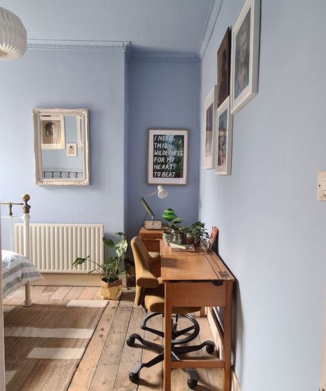 Dusty Blue Interior Design, Cornflower Blue Walls, Periwinkle Room Aesthetic, Cornflower Blue Room, Periwinkle Room Ideas, Sky Blue Wall Paint, Painted Hallway Ceiling, Light Blue Walls Bedroom, Periwinkle Walls