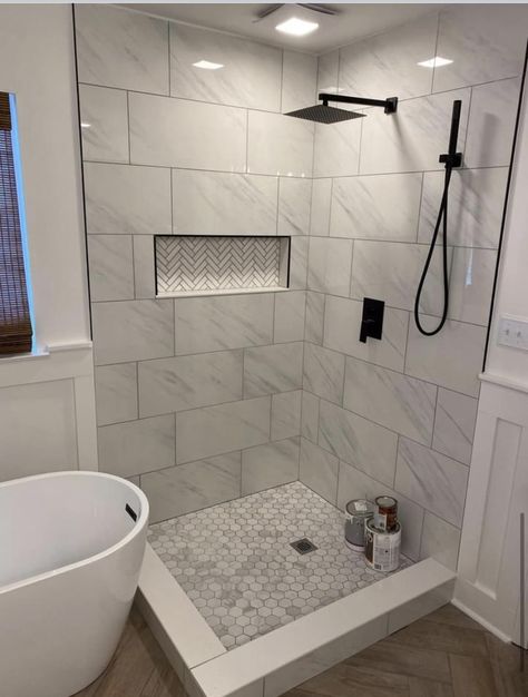 Large Shower Tile Ideas Small Bathrooms, Honeycomb Shower Floor, Grey And White Shower Tile Ideas, Modern Restroom Ideas, Small Bathroom Diy Makeover, Bathroom Diy Makeover, Smart Bathroom Ideas, Small Bathroom Makeover Ideas, Walk In Shower Remodel