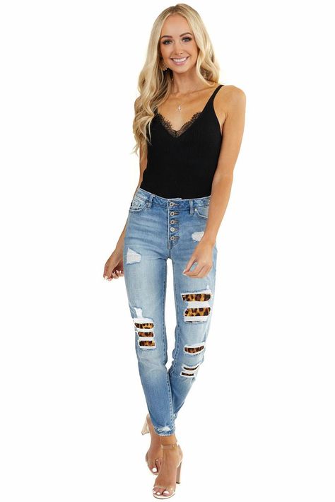 Frayed Bottom Jeans, Mid Rise Boyfriend Jeans, Jeans With Holes, Utah Fashion, High Rise Boyfriend Jeans, Leopard Jeans, Lime Lush Boutique, Lime Lush, Denim Clothing