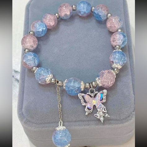 Pink/Blue Beaded Bracelet With Butterfly Charm. New With Tags! Cute Blue Bracelet, Cute Necklaces And Bracelets, Chain Bead Bracelet, Butterfly Beaded Bracelet, Cute Bead Bracelets, Hot Pink Bracelet, Etsy Beads, Blue Bracelets, Bracelets Pink