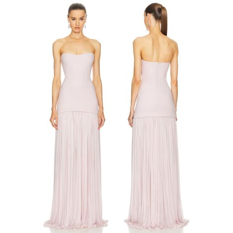 The Revolve Helsa Naomi Strapless Dress In Barely Pink Features A Delicate Chiffon Fabric With A Beautifully Pleated Skirt, Exuding Soft Elegance. The Strapless Design Adds A Touch Of Sophistication, Making It A Graceful Option For Formal Occasions Or Special Events. Lined Upper Hidden Back Zipper Closure Ponte Upper With Knit Chiffon Lower Self: 68% Rayon, 27% Nylon, 5% Spandex Lining: 100% Polyester Contrast Fabric: 100% Viscose Made In China Hand Wash Condition: New With Tags. Tiny Hole In Between Pleads As Shown. Not Noticeable. Msrp: $358 Approximate Measurements: Pit To Pit: 19" Waist: 16" Length: 60" Tags: Happy Hour, Designer, Upscale, Luxury, Brunch, Dinner, Special Occasion, D