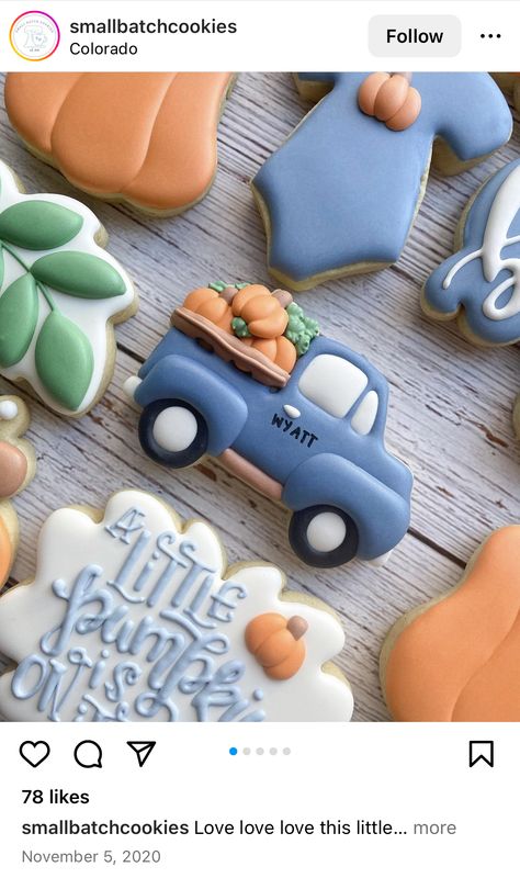 Pumpkin Truck Cookies, Fall Baby Shower Sugar Cookies, Pumpkin Rattle Cookie, Truck Decorated Cookies, Truck With Pumpkins Cookies Decorated, Baby Boy Cookies, Pumpkin Sugar Cookies, Pumpkin Truck, Pumpkin Baby