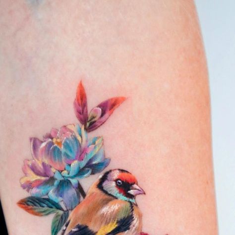 European Goldfinch Tattoo, Goldfinch Tattoo, European Goldfinch, Ink Flowers, Peonies Tattoo, Bird Tattoo, Goldfinch, Birds Tattoo, Color Tattoo