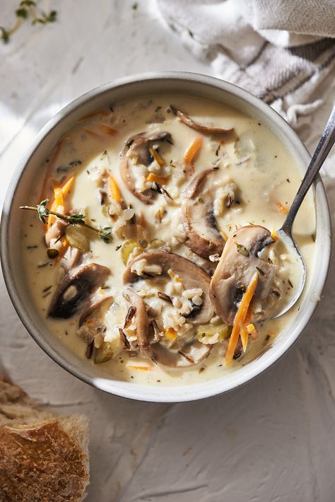 cream of mushroom and wild rice soup. — michelle mcglinn Easy Healthy Soup, Soup Pairings, Pesto Sandwich, Julienne Peeler, Fall Soup, Chicken And Wild Rice, Chicken Caesar Salad, Tuna Melts, Cremini Mushrooms