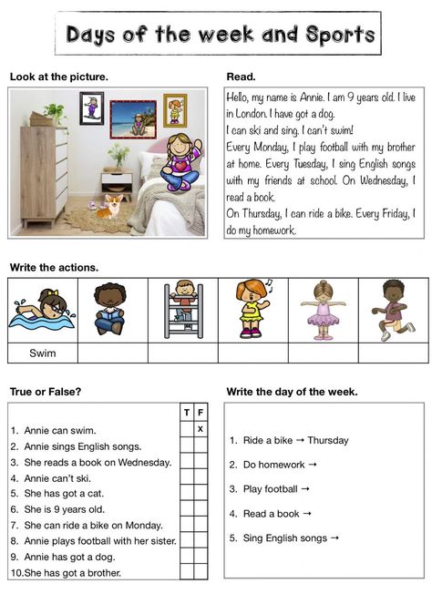 Esl Sports Worksheet, Sport Reading Comprehension, Days Of The Week Worksheet For Grade 2, Days Of The Week Worksheet Grade 1, English Reading For Grade 1, Days Of Week Worksheet, Reading Worksheets For Grade 1, Sports Worksheets For Kids, Reading Comprehension Worksheets Grade 1