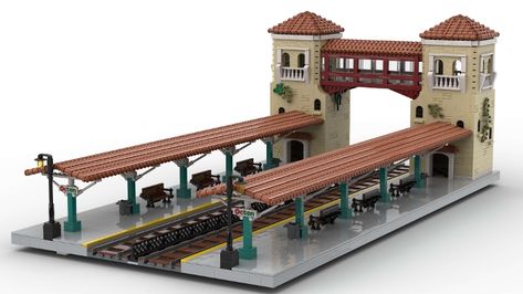 Train Station from BrickLink Studio Small Train Station Minecraft, Minecraft Medieval Train Station, Minecraft Train Station Building, Minecraft Rail Station, Sims 4 Train Station, Minecraft Train Design, Minecraft Steam Train, Minecraft Underground Railway, Minecraft Minecart Station