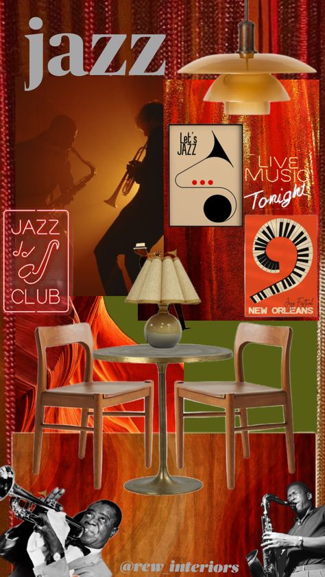 Pt. 4 of my music genre inspired interiors series @rew_interiors #jazz #musicinteriors #jazzmusic #interiordesign #vintage #shufflefyp #shuffleinspo #fyp #interiordesignstudent #interiordesignmoodboard Jazz Club Decorations Party Ideas, Vintage Jazz Club Aesthetic, Jazz Revival, Jazz Club Decor, Jazz Theme, Jazz Decor, Interior Design Student, Jazz Bar, Hampton House