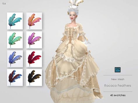 Sims 4 Feather Accessory, Sims 4 Feather Cc, Feathers In Hair, 1700 Dresses, Rococo Gown, Cc Skin, Sims 4 Decades Challenge, Sims 4 Sims, Sims Medieval