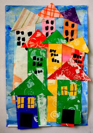 Elly116's art on Artsonia Houses Artwork, Houses Collage, Collage Houses, Kindergarten Art, Art Lessons Elementary, Camping Art, Paper Houses, Childrens Crafts, Arte Popular