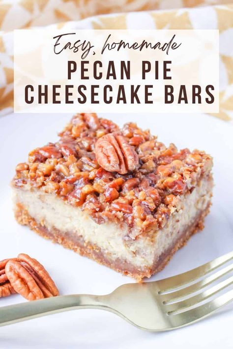 Easy Pecan Pie Cheesecake Bars combine the classic flavors of pecan pie with the creamy richness of cheesecake. This dessert is sure to become one of your new favorites. Easy Pecan Pie Cheesecake, Easy Pecan Cheesecake, Pecan Pie Cheesecake Bars Recipe, Pecan Cheesecake Squares, Desserts Bars, Pecan Pie Cheesecake Bars, Pecan Cheesecake Bars, Easy Pecan Pie, Cheesecake Bars Easy