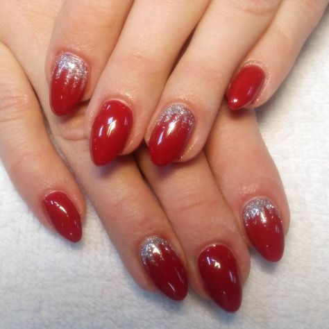 Short Nail Designs Red, Simple Short Nail Designs, Nail Designs Red, Red Sparkle Nails, Red Almond Nails, Red And Silver Nails, Almond Nails Red, Unicorn Nails Designs, Red Almond